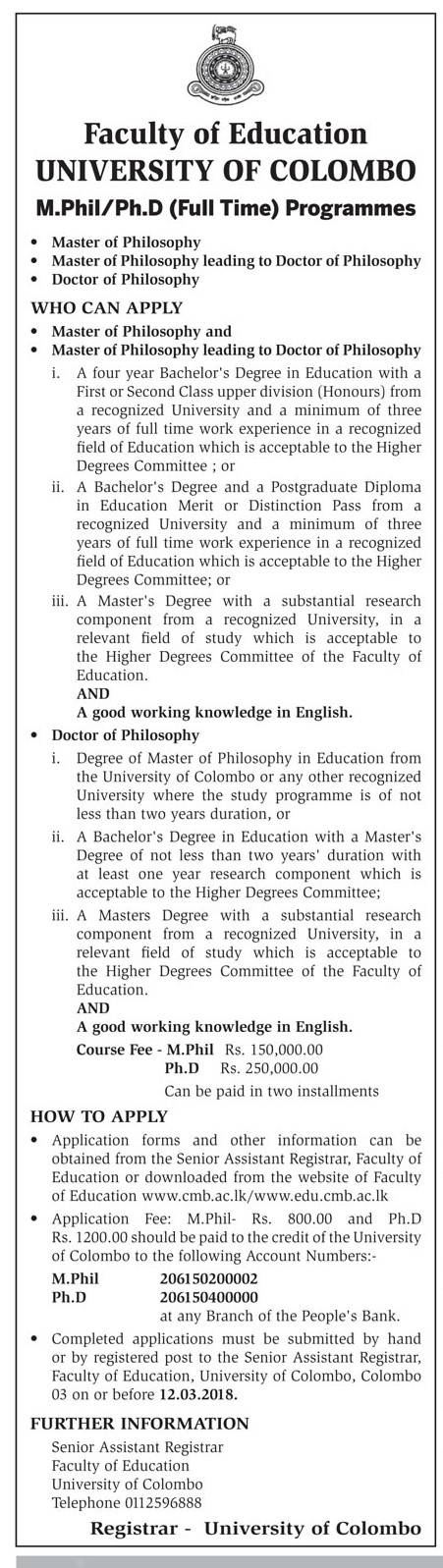 M.Phil/Ph.D (Full Time) Programmes - Faculty of Education - University of Colombo